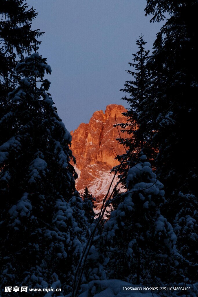 雪林间的壮丽夕阳山峰