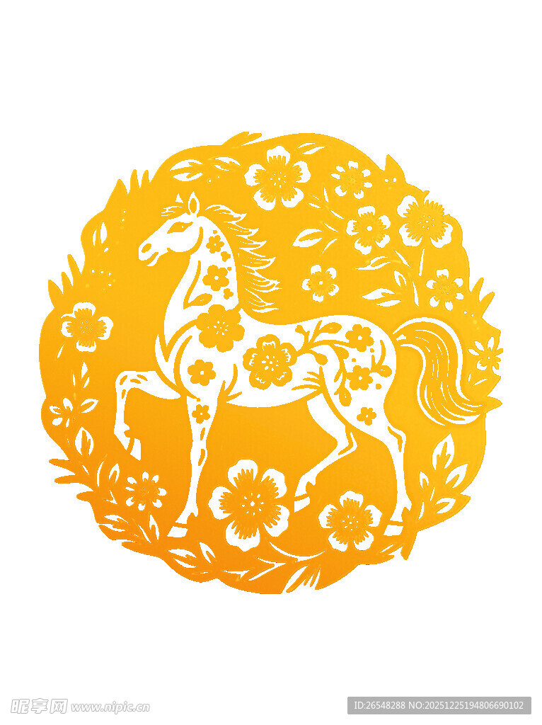 金色祥马剪纸艺术图案