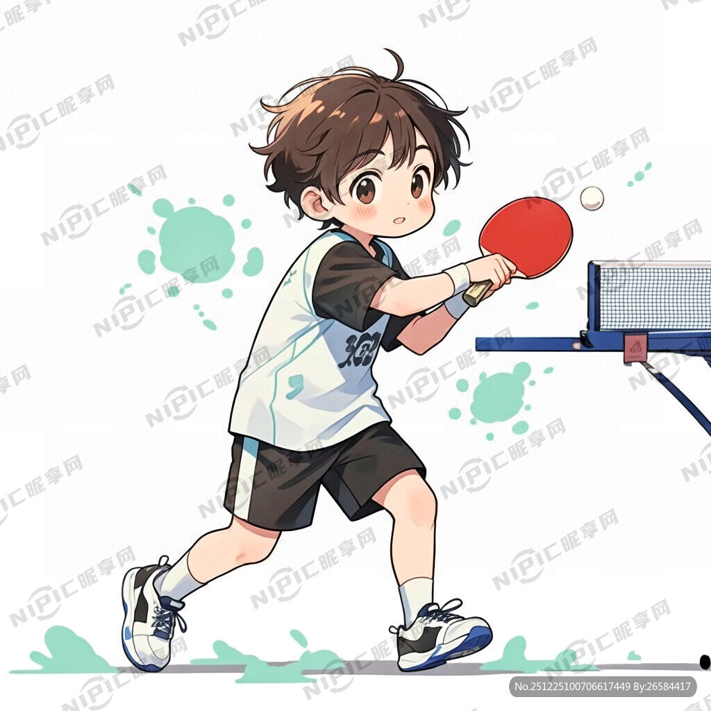 小男孩打乒乓球卡通背景白底