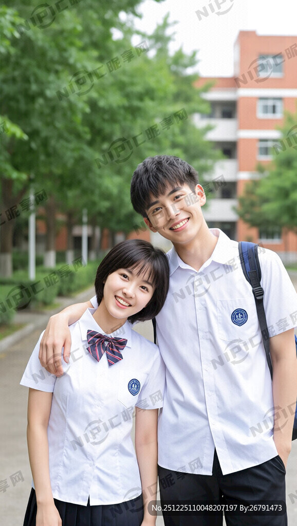 穿校服的中学生 一男一女 站立