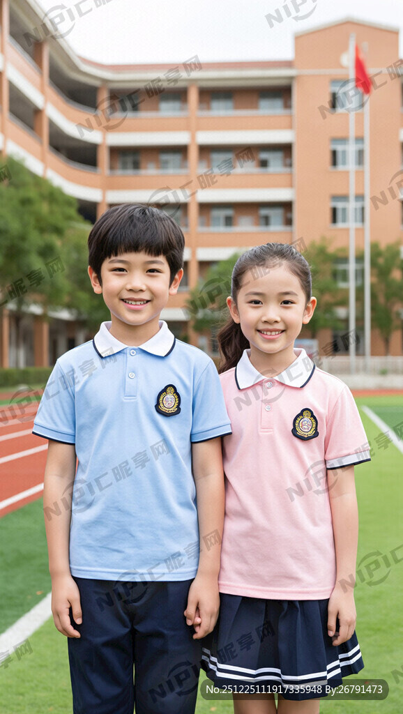 穿校服的小学生 一男一女全身
