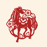 红色剪纸风骏马花卉图案