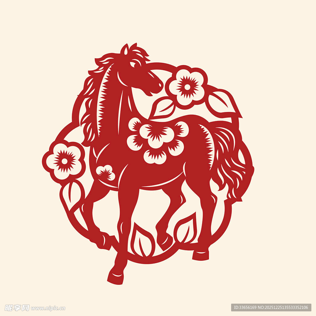红色剪纸风骏马花卉图案