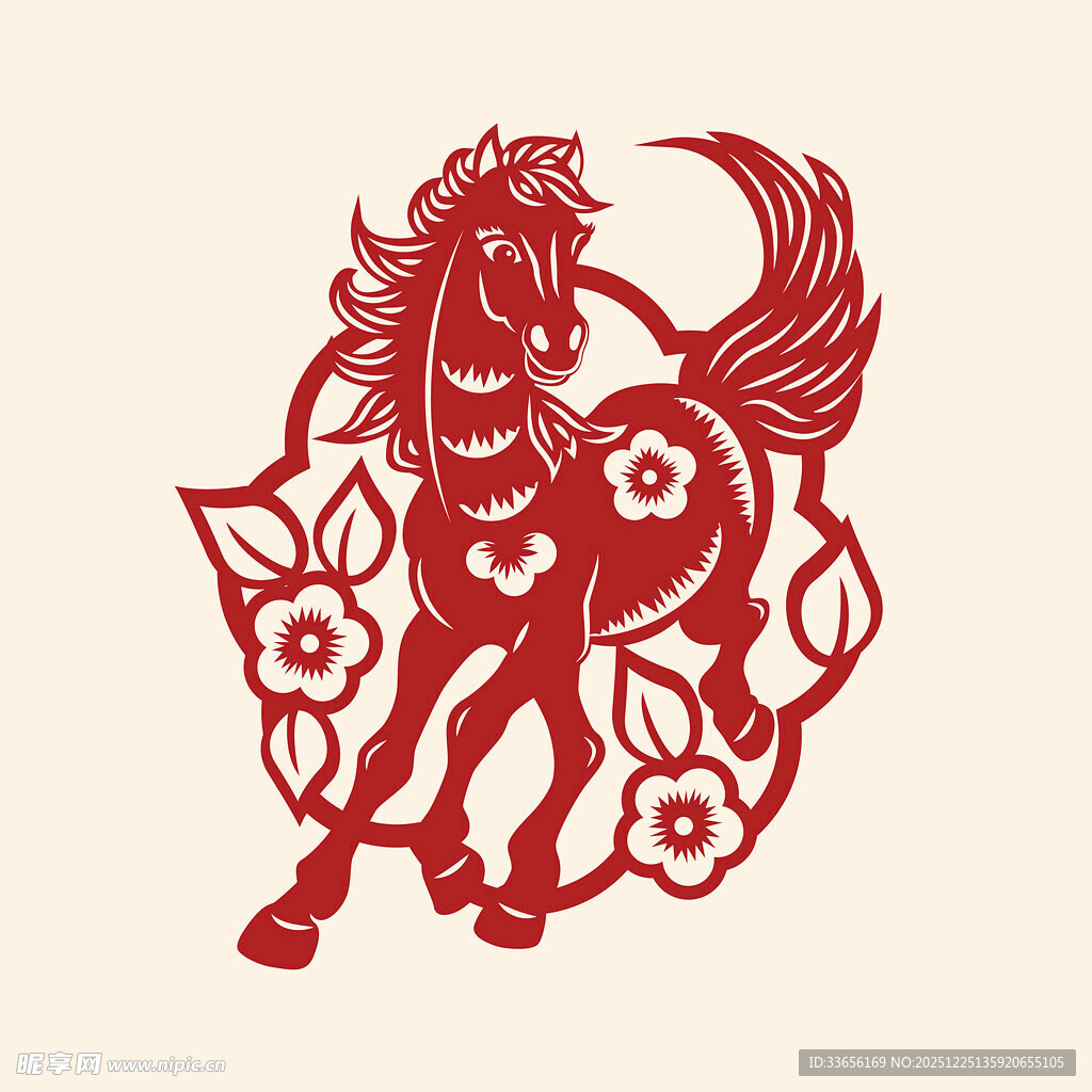 红色剪纸风奔腾骏马图案