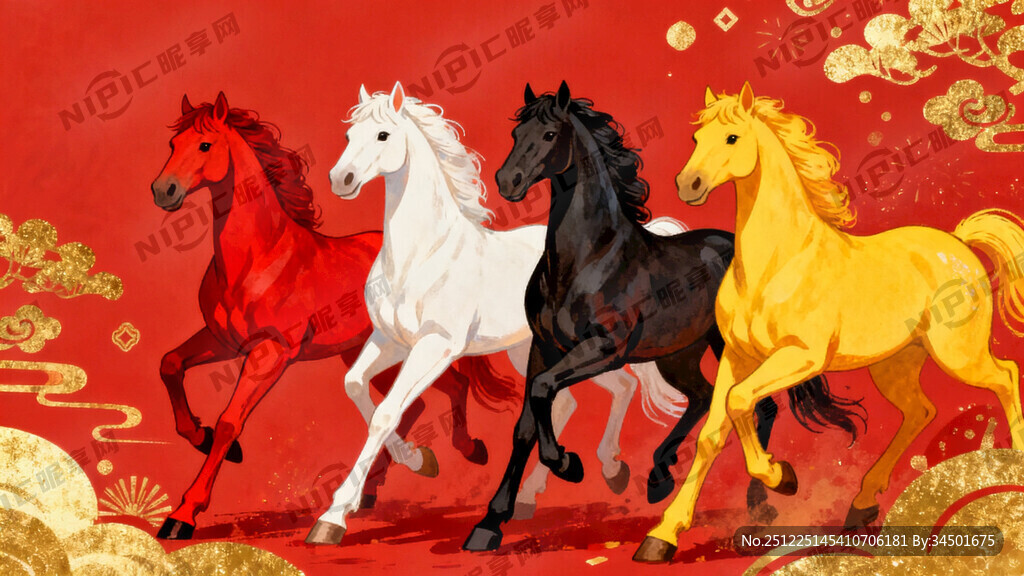 请帮我生成一张图片 共四匹马