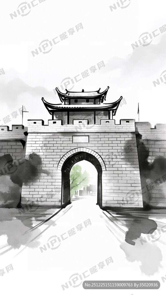 永州零陵古城门水墨画