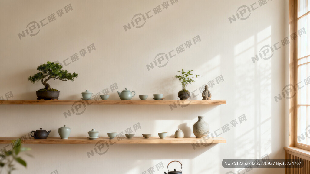 现代简约茶室置物架背景墙画面