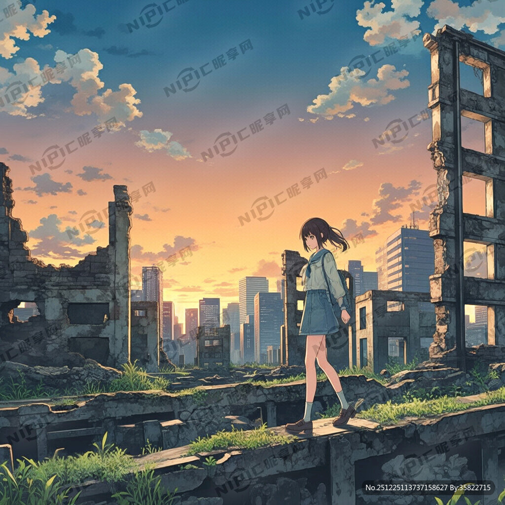 一个穿着牛仔裙在黄昏的城市废墟