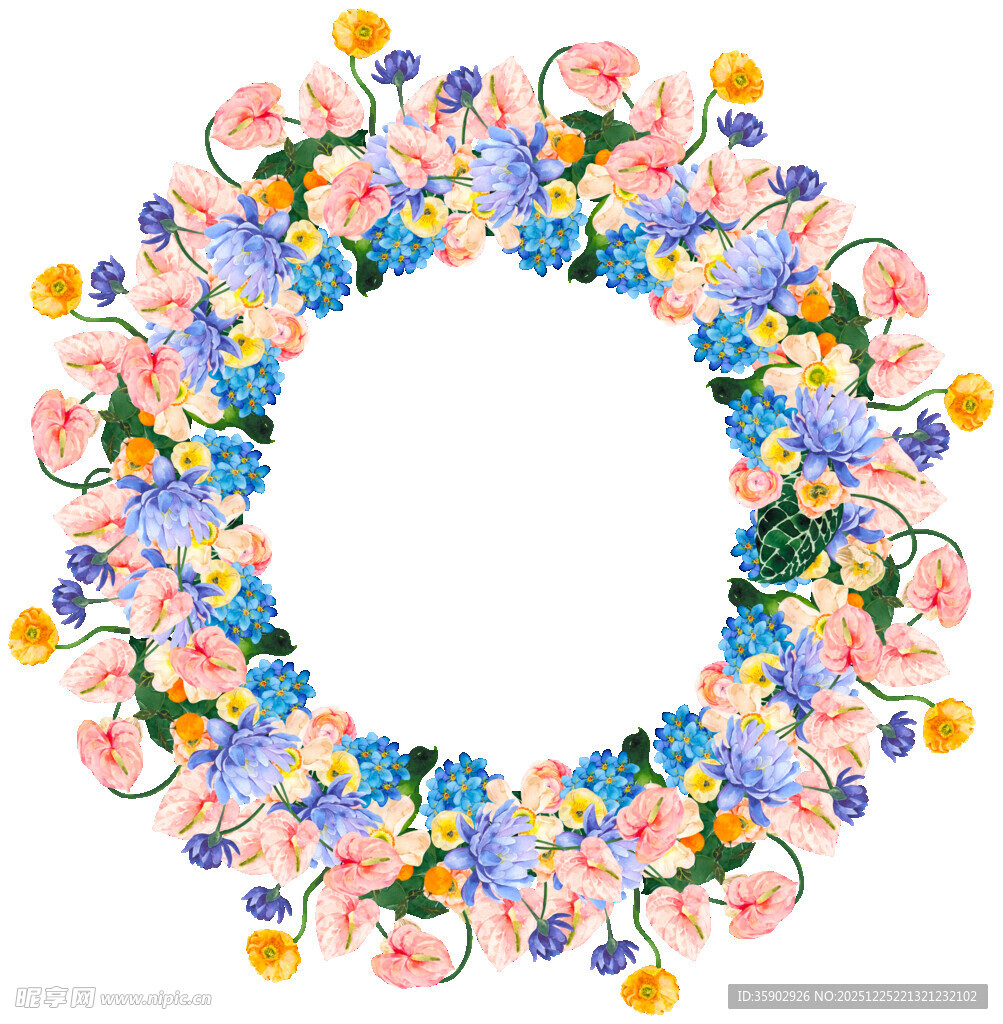 多彩花卉组成的圆形花环