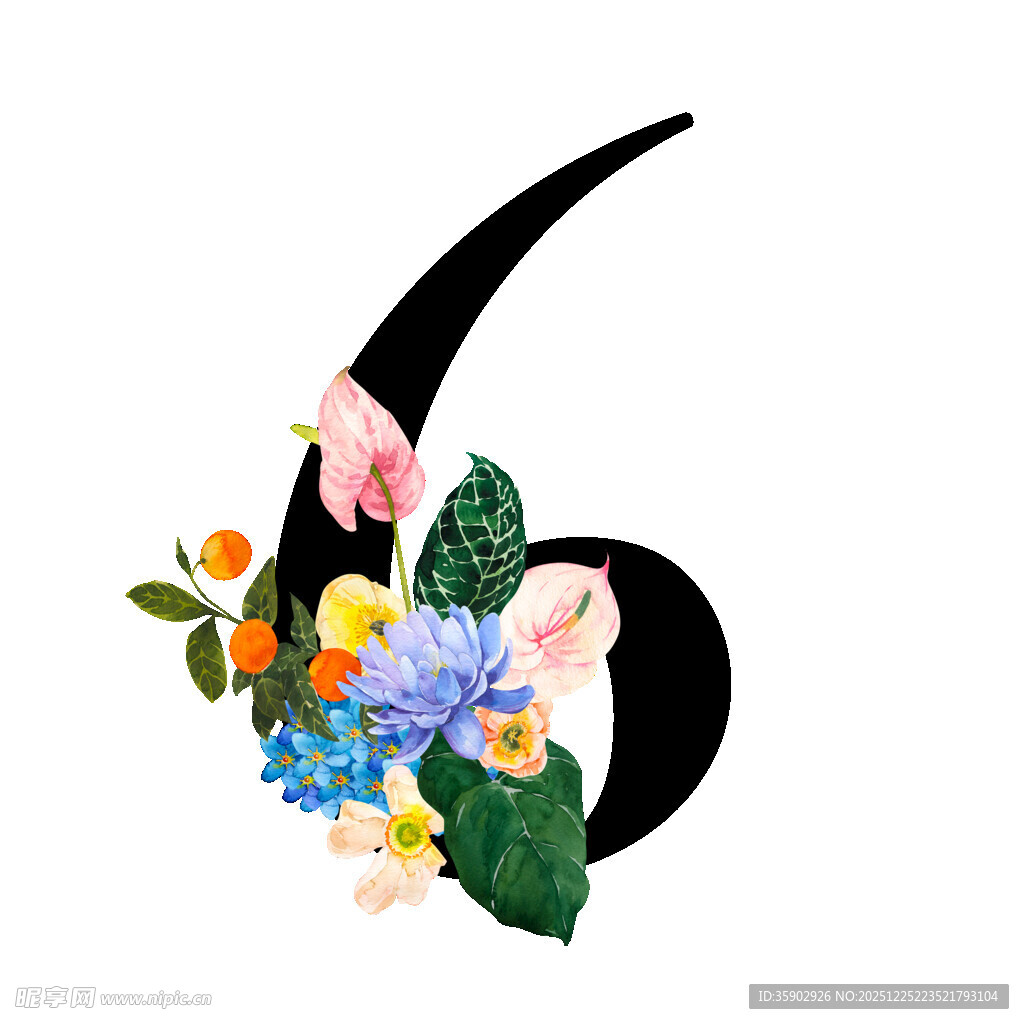 数字6旁的缤纷花卉装饰