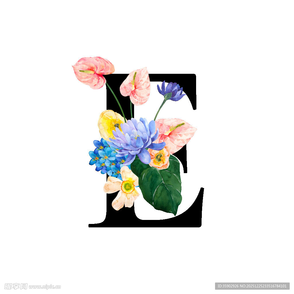 花卉装饰的字母E