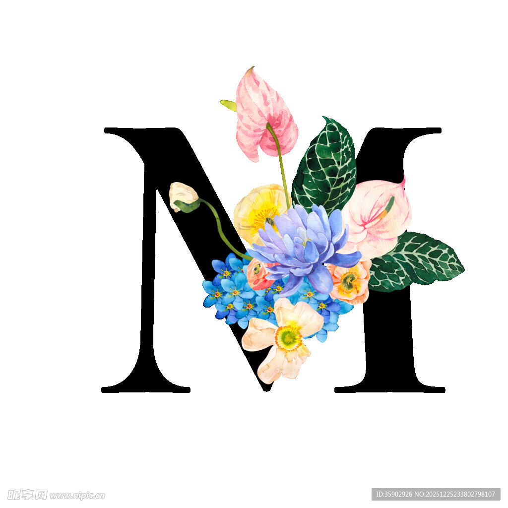 花卉装饰的字母M