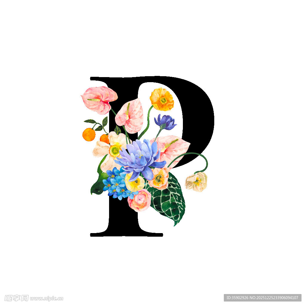 花卉装饰的字母P