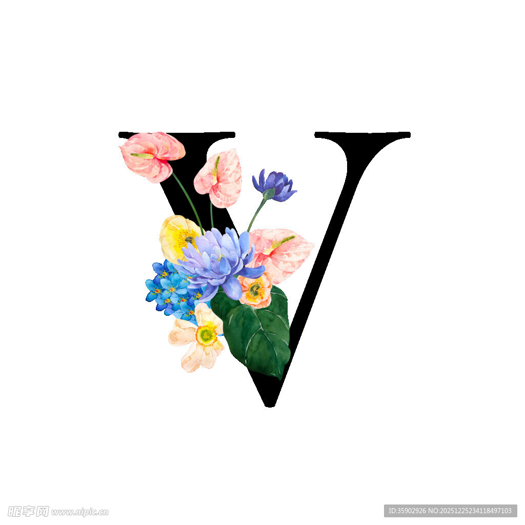 花卉装饰的字母V