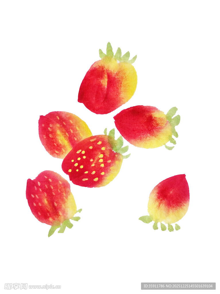 手绘水墨风色彩诱人的新鲜草莓