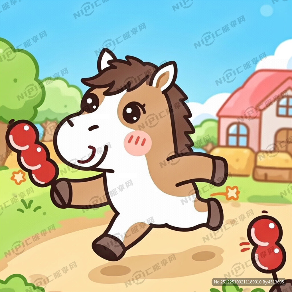 一只可爱的卡通马拿着冰糖葫芦在