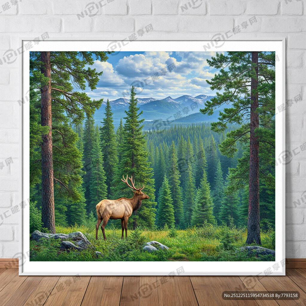 北欧森林麋鹿风景画图片