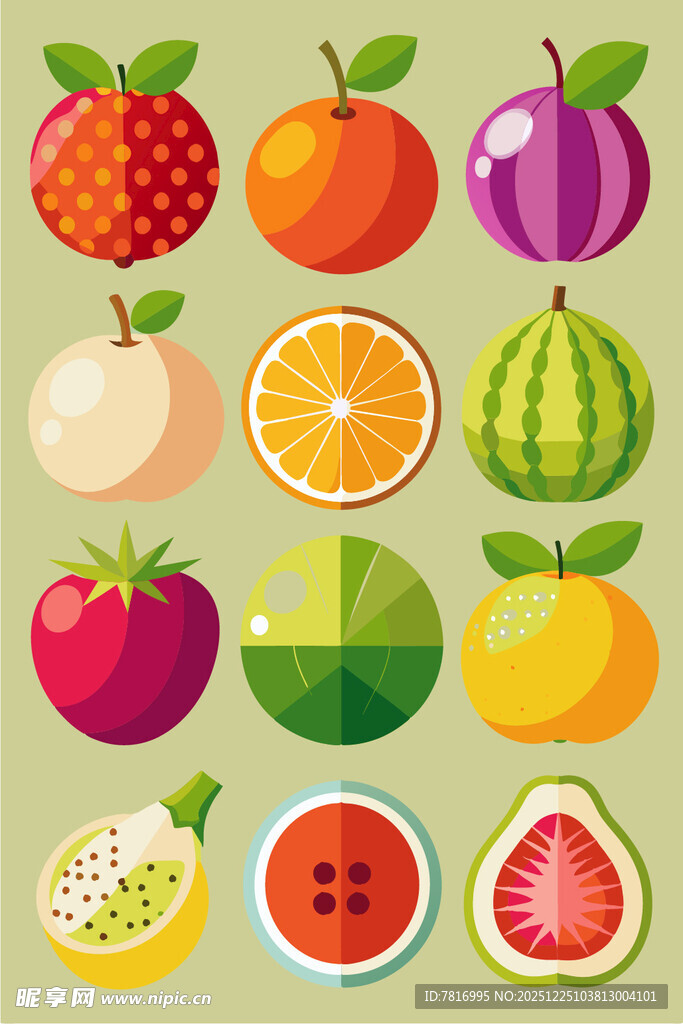 多彩几何风水果插画