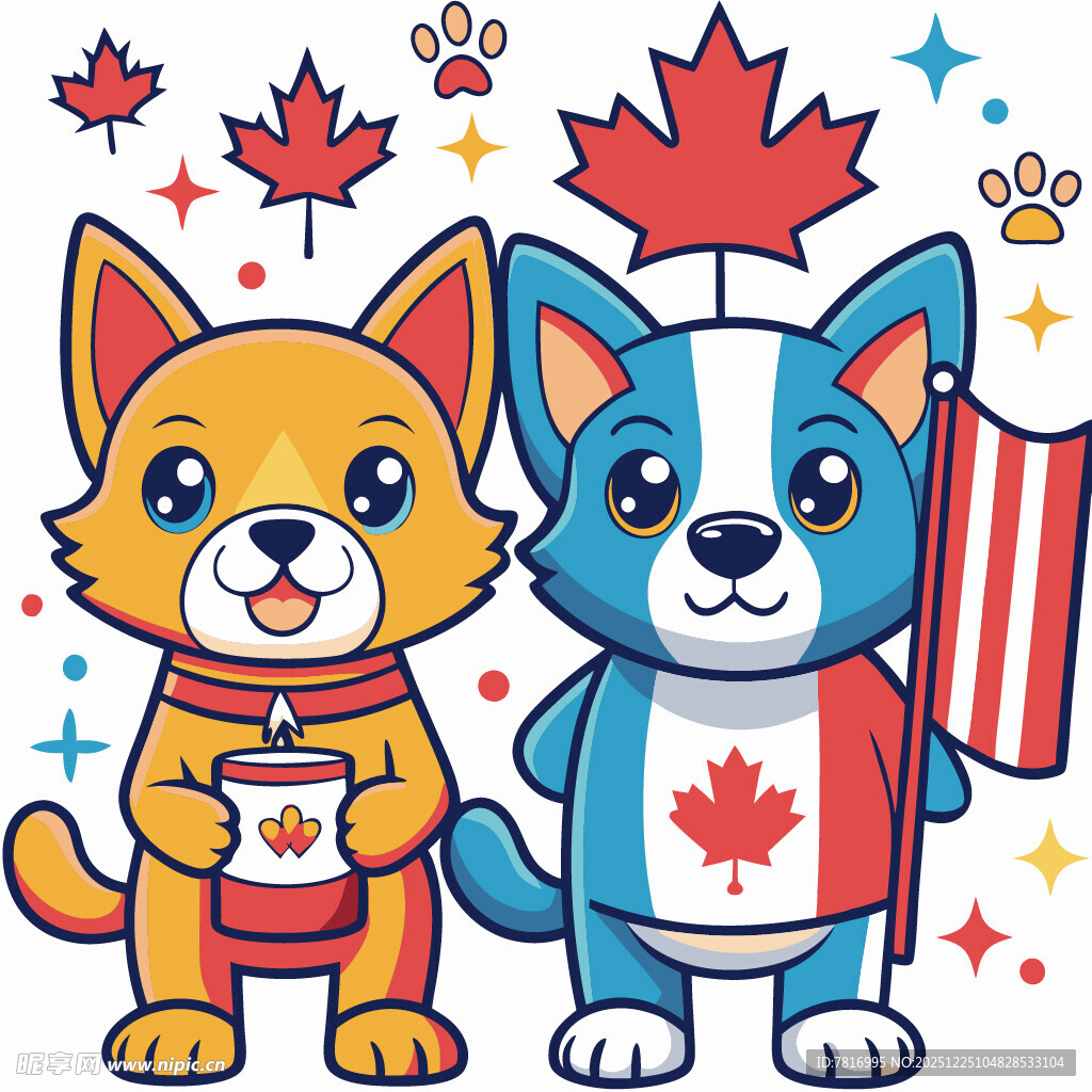 加拿大主题的可爱猫狗形象