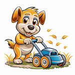 小狗推割草机的可爱画面