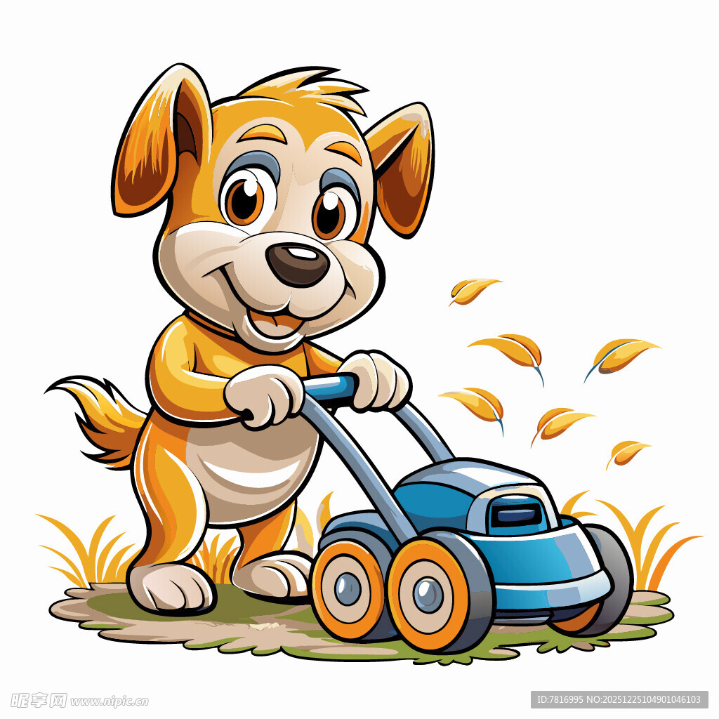 小狗推割草机的可爱画面