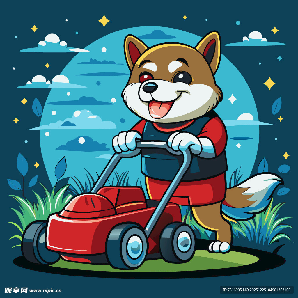 狗狗推割草机的趣味场景