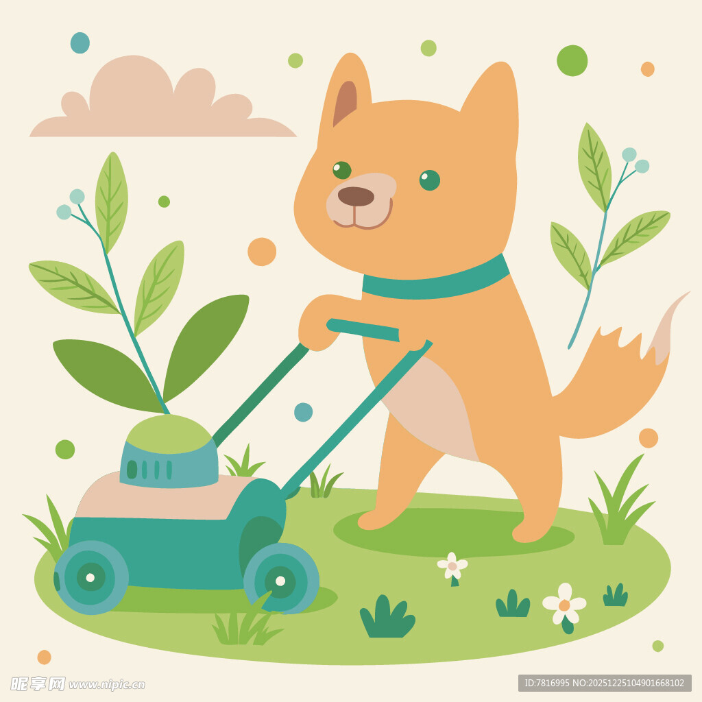 推割草机的可爱狐狸