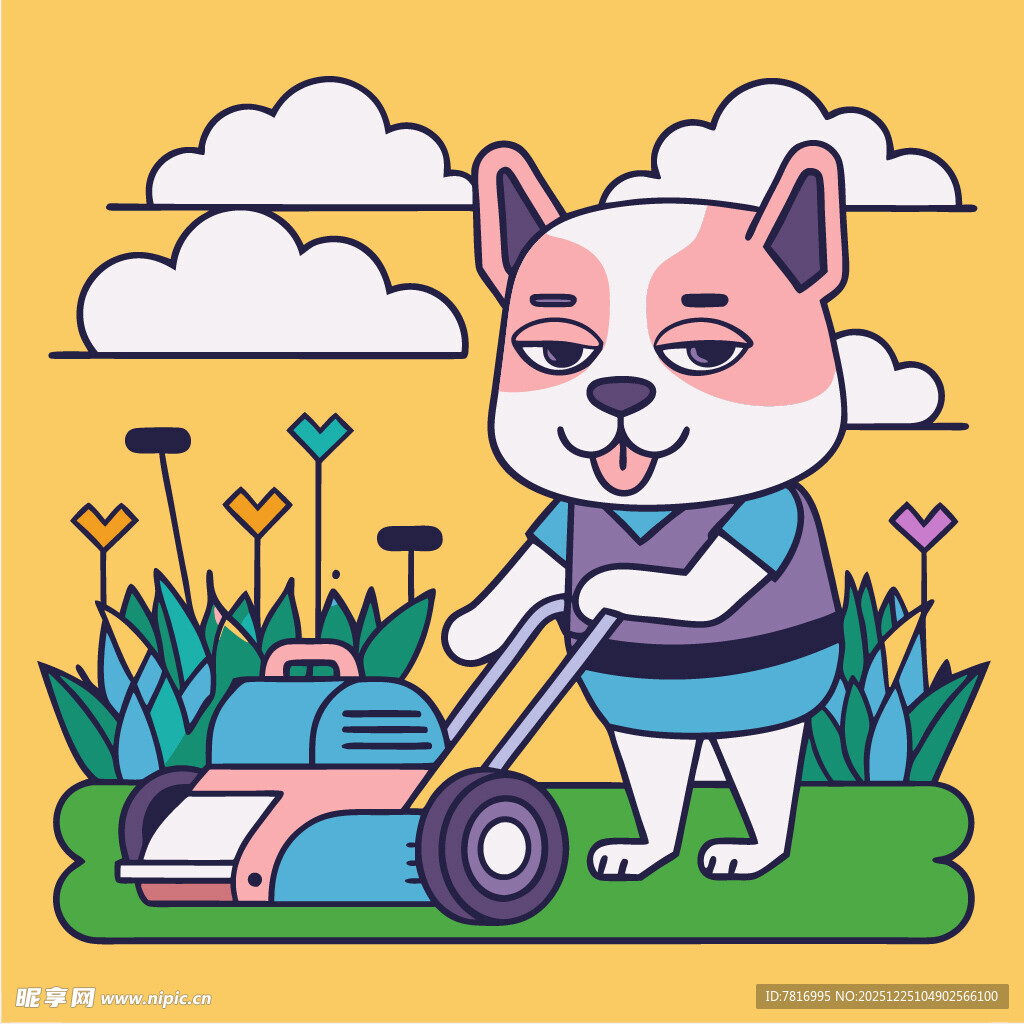 小狗欢乐使用割草机