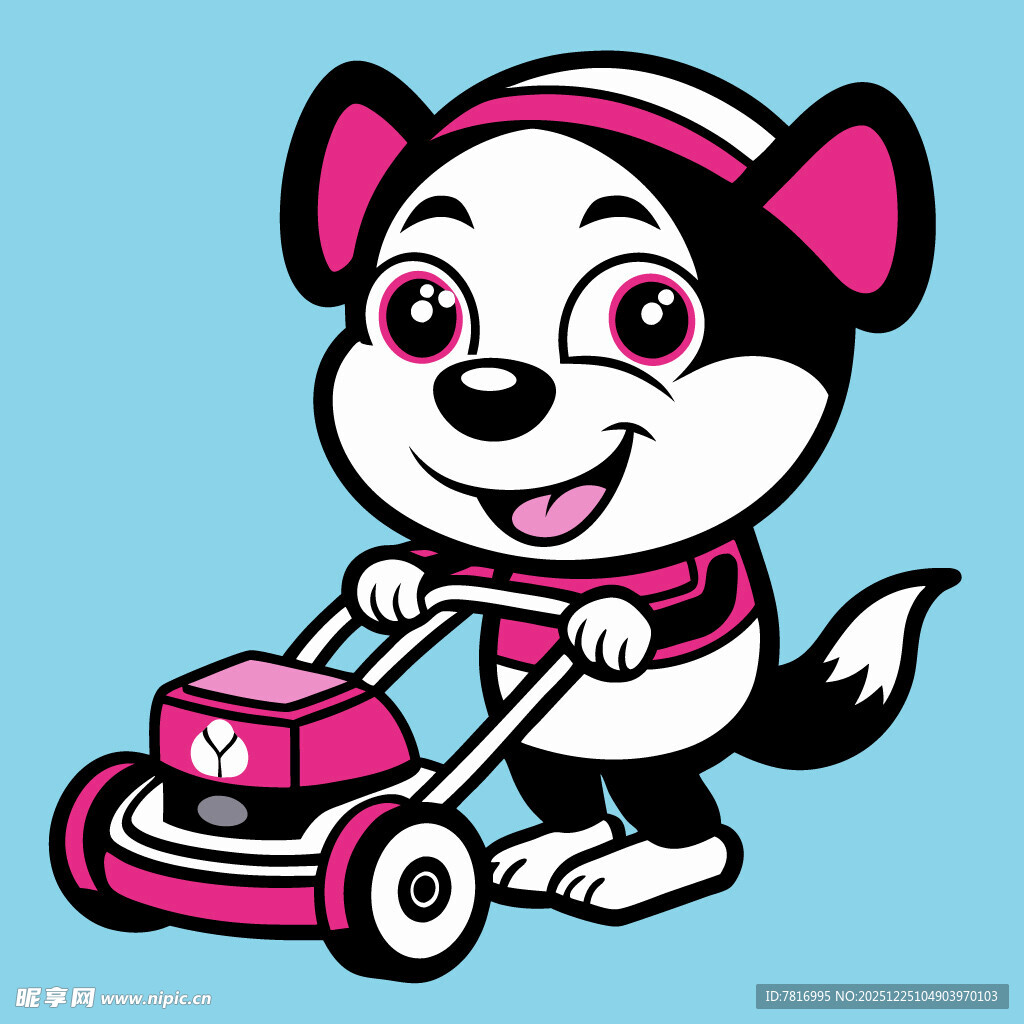 小狗推割草机的可爱画面