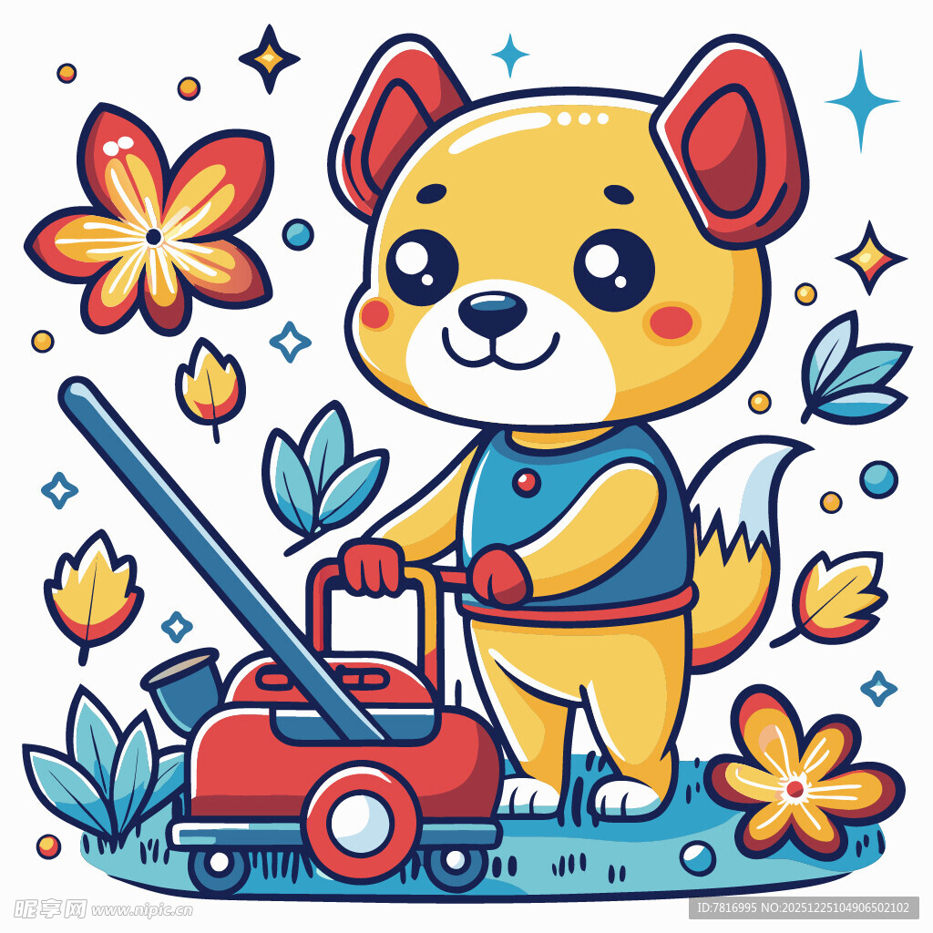 小狗推割草机的可爱插画