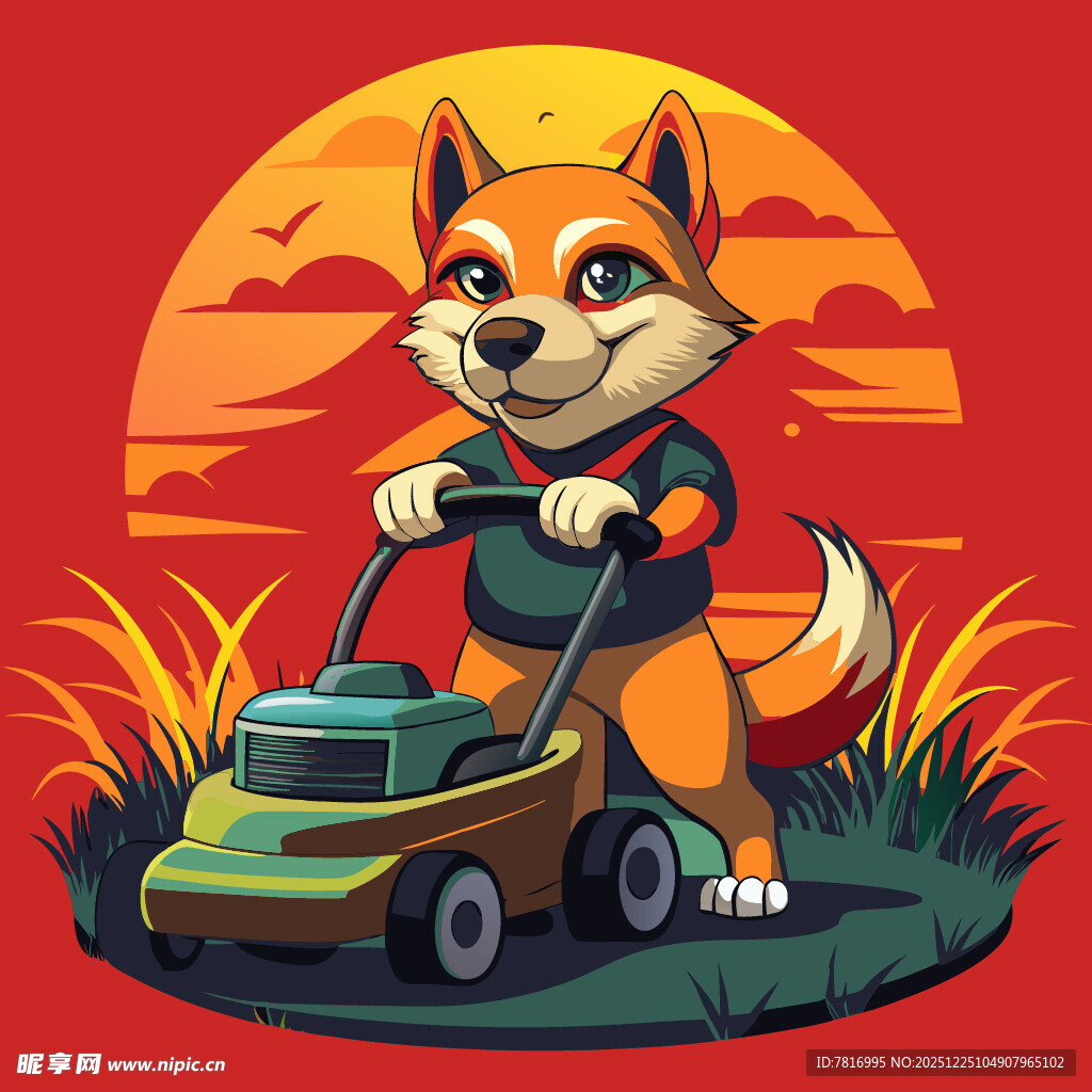 萌狐推割草机的趣味场景