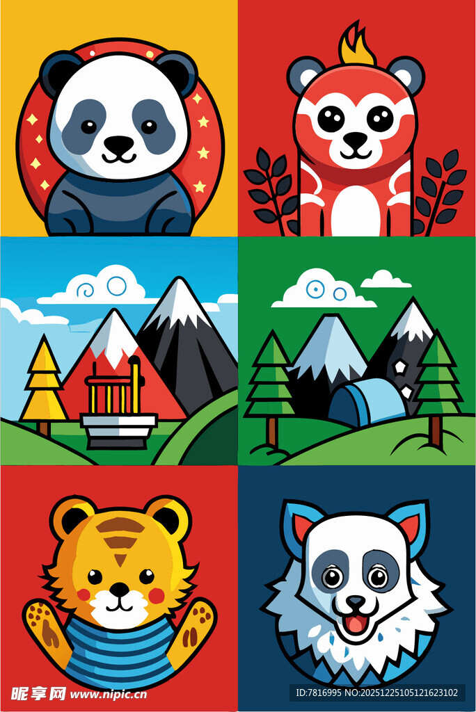 可爱动物与风景插画图案