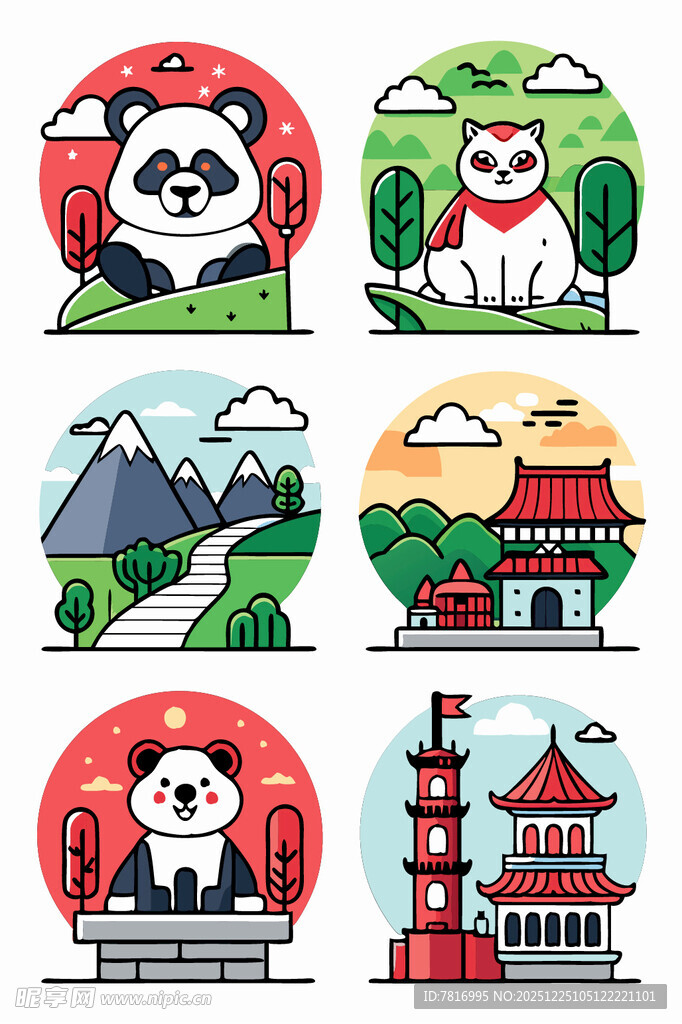 中国风动物与建筑插画