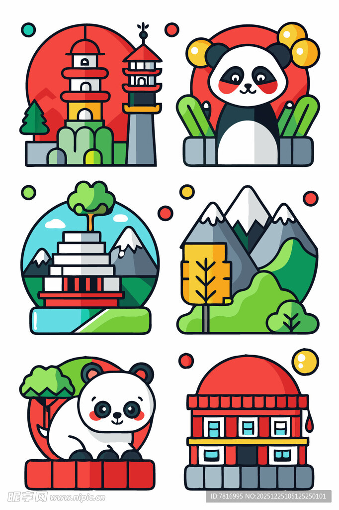 中国风熊猫与建筑图标集