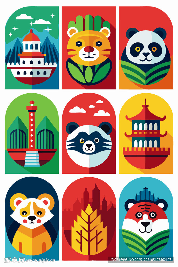 动物与地标图案插画集合