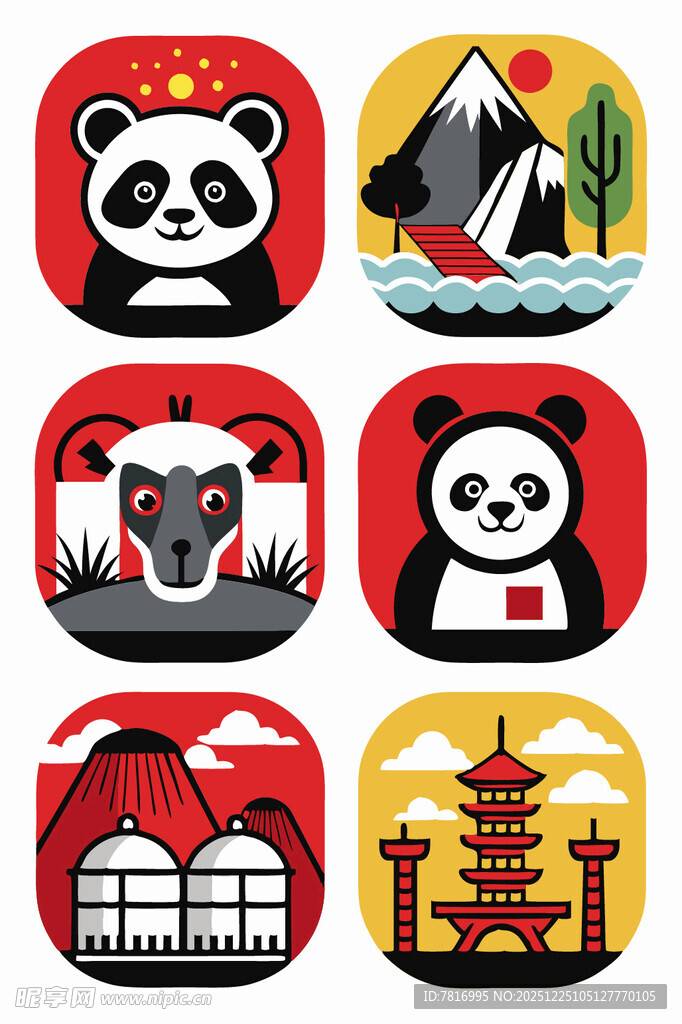 中国风动物与建筑图标集