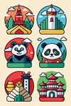 中国风熊猫与地标建筑图标
