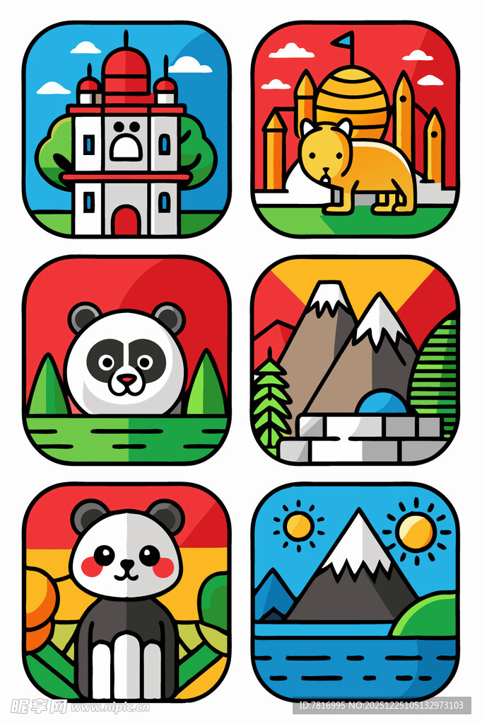 多彩卡通风景与动物图标集