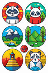 熊猫主题多彩圆形插画