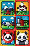 多彩卡通风景与熊猫图案