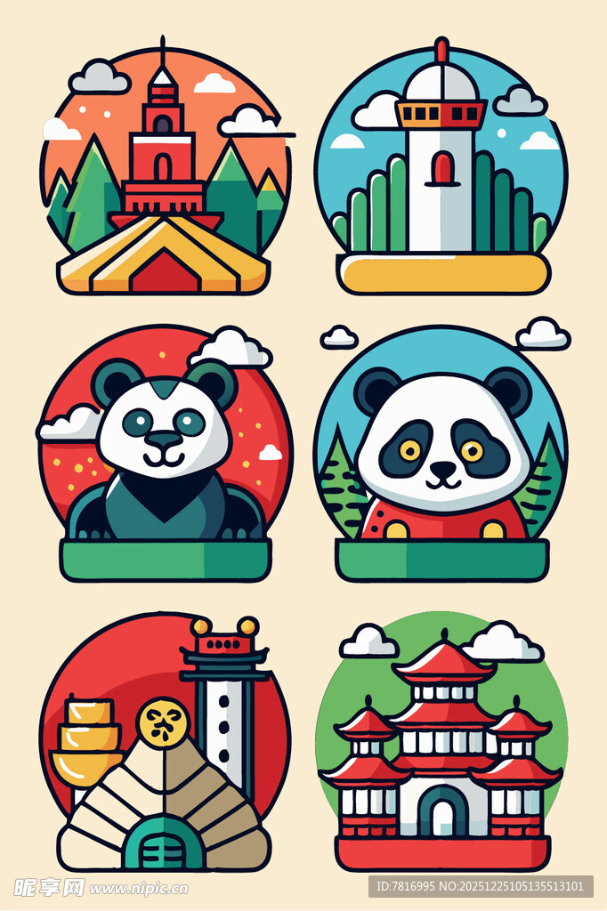 熊猫与各地标志性建筑图标