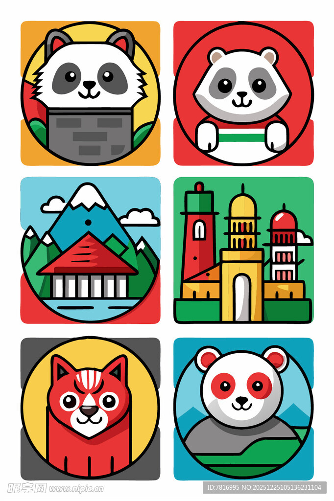 可爱动物与地标图案集合