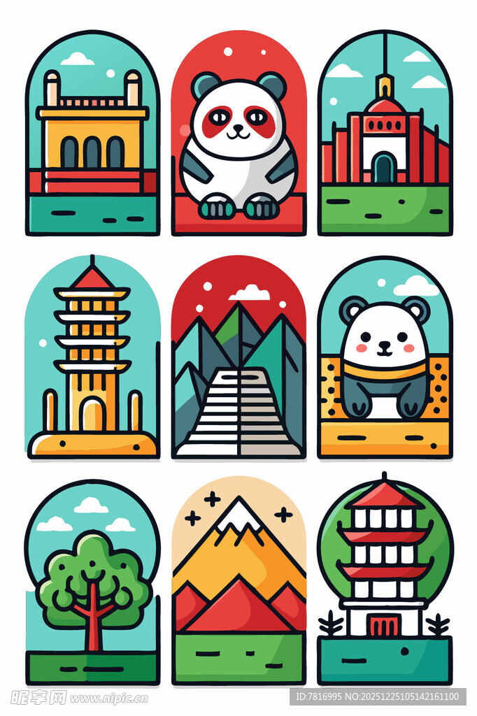 中国标志性景观与熊猫图案