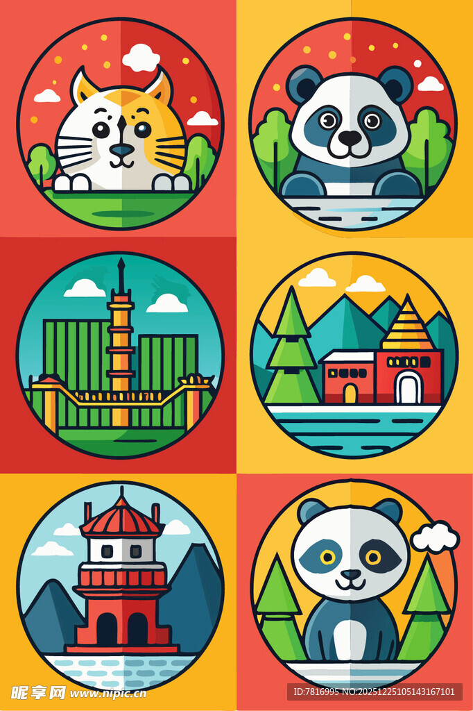 可爱动物与地标建筑图标