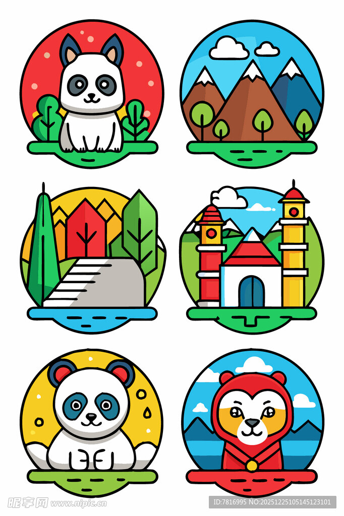 多彩卡通动物与风景图标