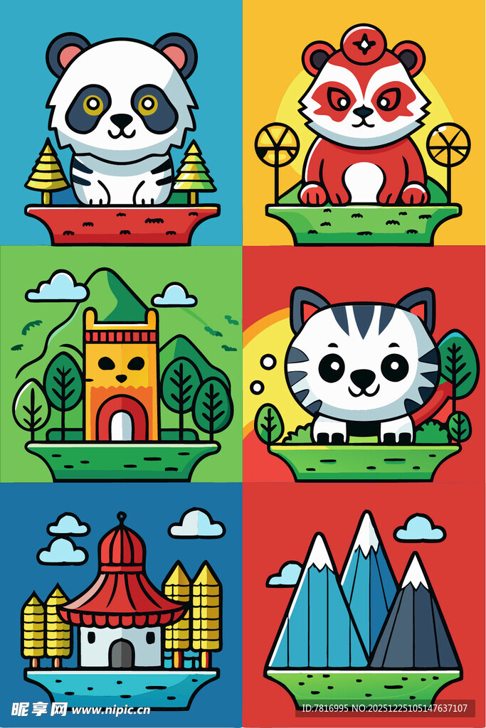 动物与风景的多彩插画