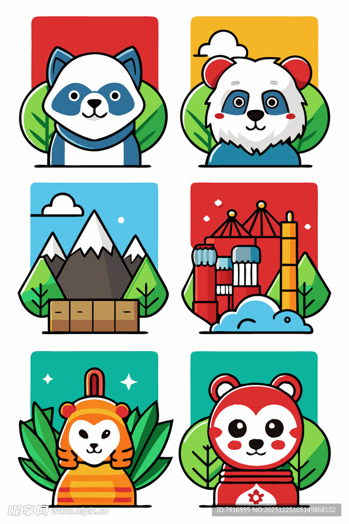 可爱动物与建筑图案集合