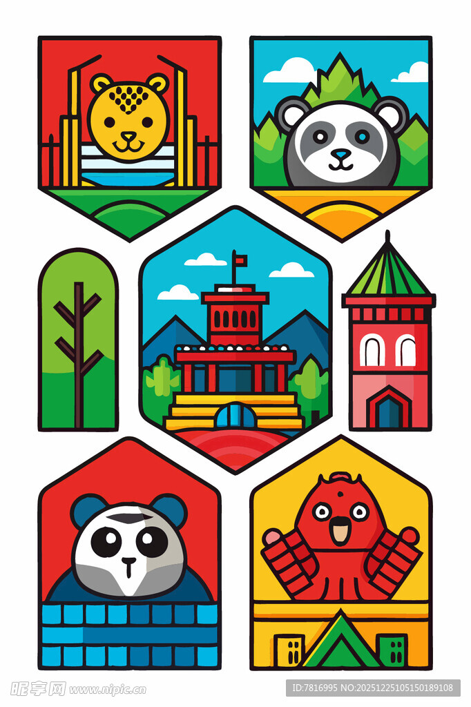 动物与建筑的多彩图案