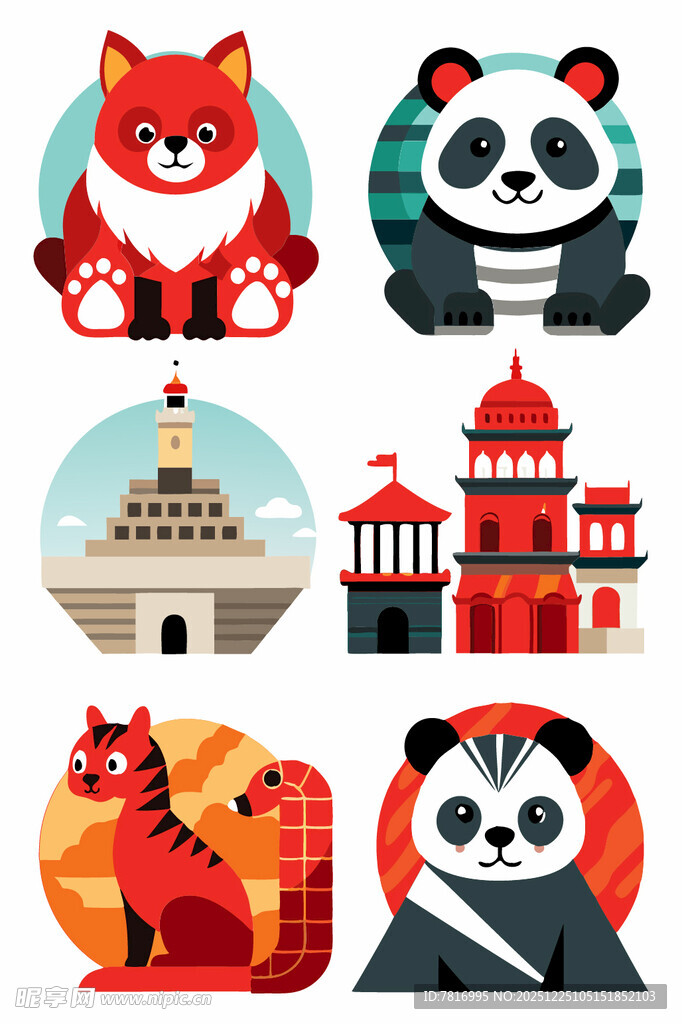 中国风动物与建筑插画