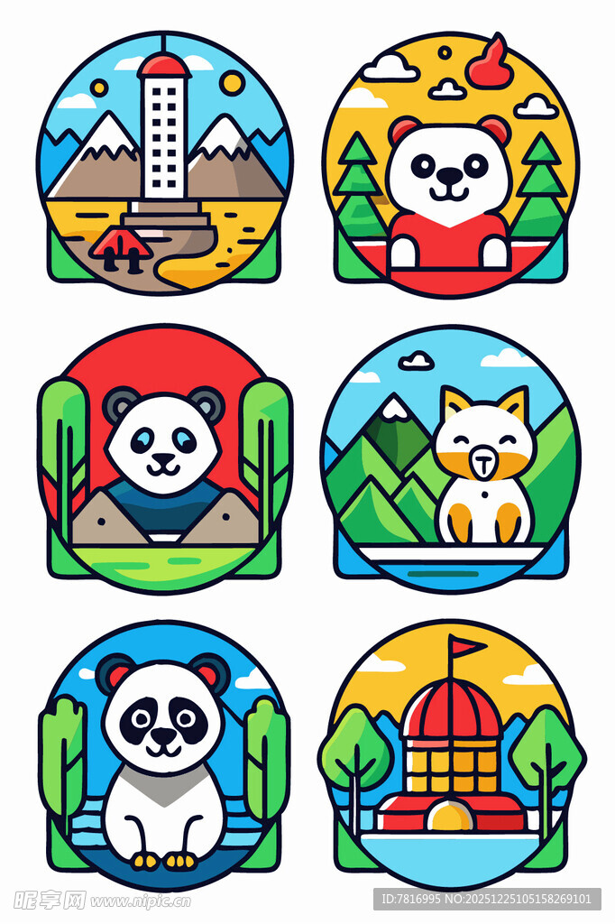 可爱动物主题圆形插画图案